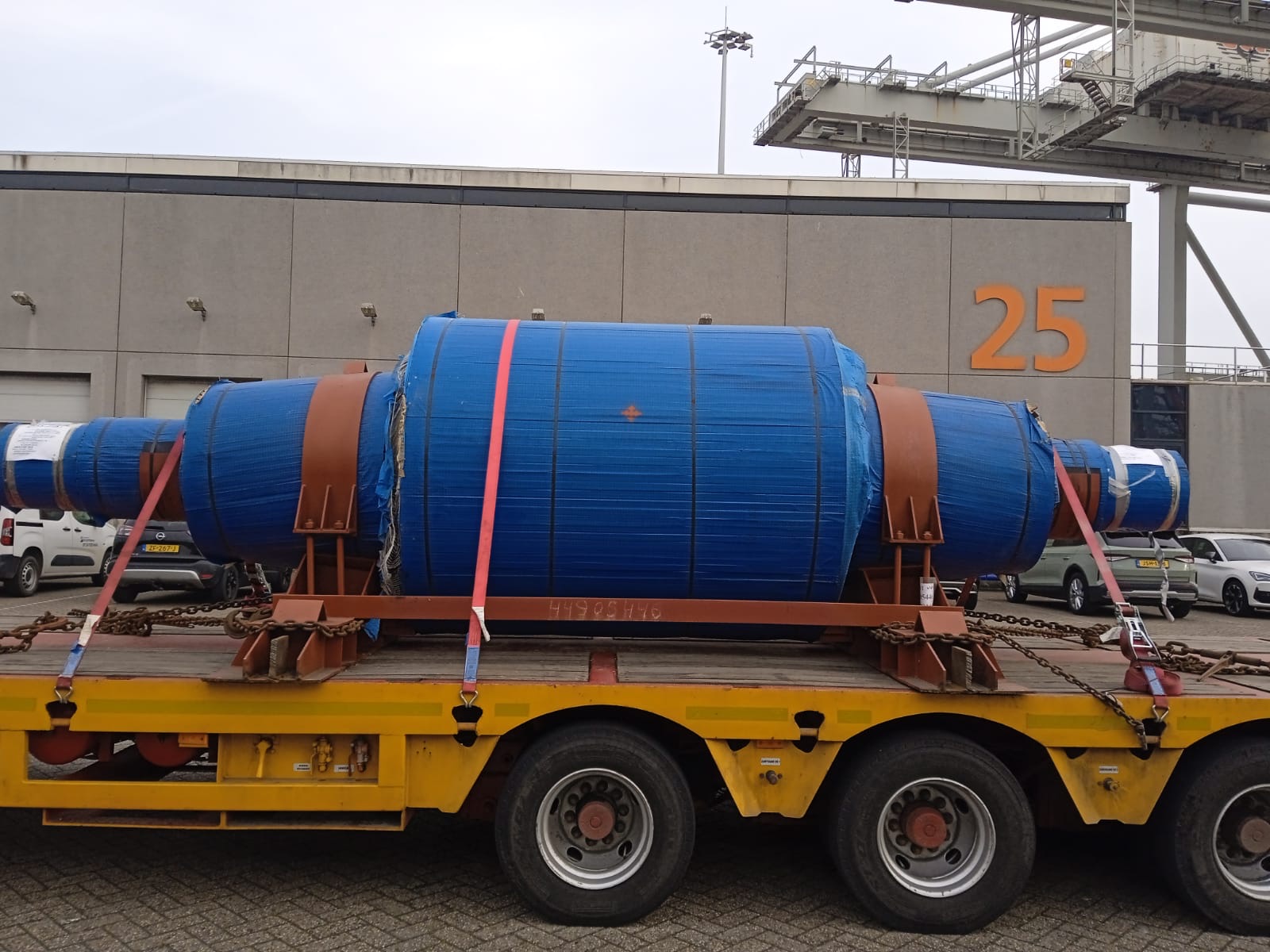 Breakbulk cargo on a low-bed trailer at a container terminal as carriers reroute around the Gulf